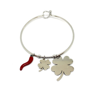 Bracciale Donna Rigido con Charms Quadrifogli e Cornetto Chiusura a Cuore