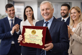 Targa Pensione | Targhetta Pensionato Pronta da regalare | Pensiero pensionato cofanetto bordeaux e targhetta dorata