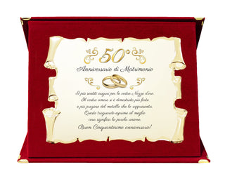 Targa Anniversario di Matrimonio | Elegante Regalo Sposi | Regalo nozze d'oro, diamante, rubino, smeraldo, platino, perla. Pergamena dorata e cofanetto velluto.