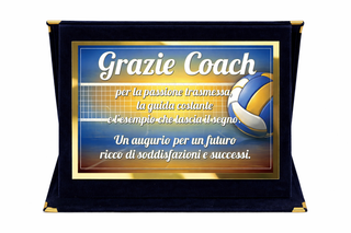 Targa Ringraziamento Coach Pallavolo | Targa "Grazie Coach" su Cofanetto in Velluto | Idea Regalo Allenatore Volley Fine Stagione | Targa Ricordo Squadra 20x15 cm