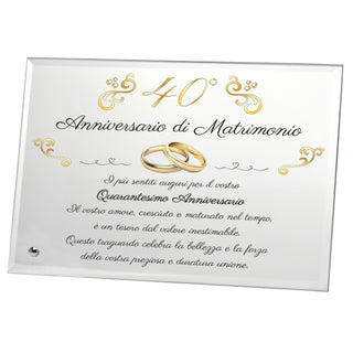Targa Anniversario di Matrimonio | Regalo in Cristallo con supporto | Placca per nozze d'oro, rubino, diamante, argento, platino.
