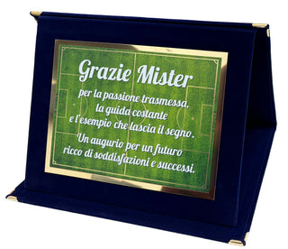 Targa Ringraziamento Allenatore Calcio | Targa "Grazie Mister" su Cofanetto in Velluto | Idea Regalo Allenatore Fine Stagione | Targa Ricordo Squadra Calcio 20x15 cm