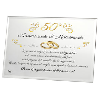 Regalo 50° Anniversario | Grande Targa nozze d'oro | Targa in Cristallo per Cinquantanni di Matrimonio | Omaggio Sposi in Cristallo 22x17cm