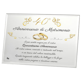 Targa Quarantesimo Anniversario di Matrimonio | Regalo 40° Anniversario in Cristallo con supporto | Elegante Placca per nozze di smeraldo. (Dorato, 40 anni)