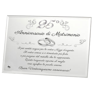 Targa Venticinquesimo Anniversario di Matrimonio | Regalo 25° Anniversario in Cristallo con supporto | Elegante Placca per nozze d'argento. (Argentato, 25 anni)