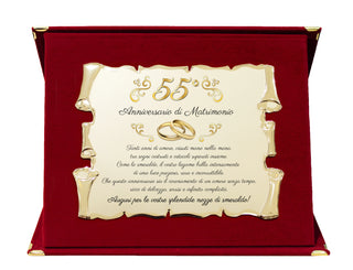 Targa Cinquantacinquesimo Anniversario di Matrimonio | Elegante Regalo 55° Nozze di Smeraldo | Targhetta Pergamena dorata su cofanetto in velluto