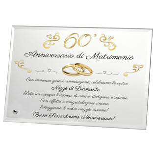 Regalo 60° Anniversario | Grande Targa nozze di Diamante | Elegante Targa in Cristallo per Sessant'anni di Matrimonio | Omaggio Sposi in Cristallo 22x17cm (Dorato, 60 anni)