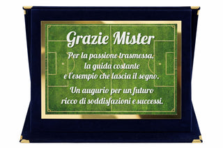 Targa Ringraziamento Allenatore Calcio | Targa "Grazie Mister" su Cofanetto in Velluto | Idea Regalo Allenatore Fine Stagione | Targa Ricordo Squadra Calcio 20x15 cm