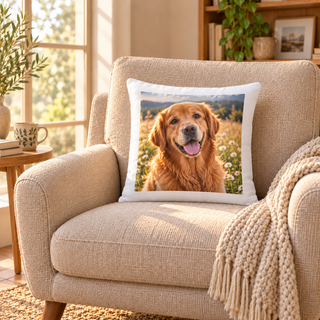 Cuscino 40x40 con ritratto di cane su poltrona; stampa 34x34 cm centrata con bordo bianco di 3 cm