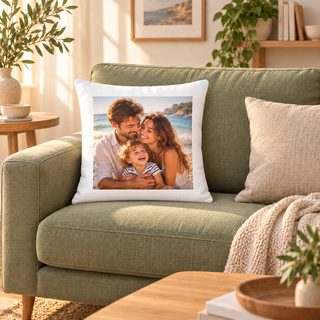 Cuscino quadrato 40x40 con foto di famiglia, ambientato su divano; stampa 34x34 cm centrata con bordo bianco di 3 cm