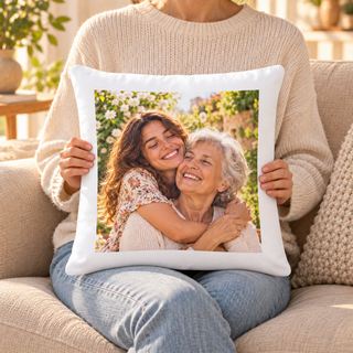 Cuscino personalizzato 40x40 tenuto in grembo, con foto di madre e figlia; stampa 34x34 cm centrata con bordo bianco di 3 cm