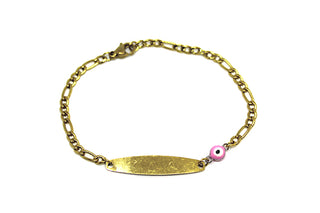 Pulsera Infantil de Oro con Cadena Fina Alternada con Placa y Ojo Rosa