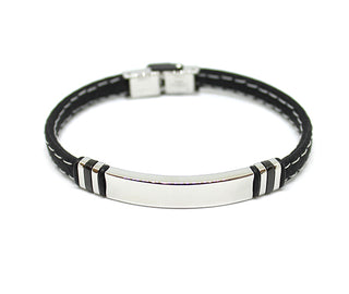 Bracciale Uomo in Silicone Nero con Cuciture Bianche con Piastrina