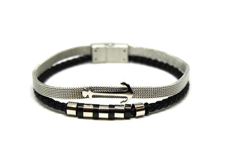 Pulsera Doble para Hombre de Malla Milanesa y Polipiel Negra con Ancla y Anillas