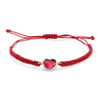 Pulsera de amor. Cordón trenzado rojo y corazón con piedra roja.