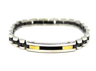 Bracciale Uomo Maglia piatta interno Nero e esterno Silver con Piastrina Lavorata Nera e Oro