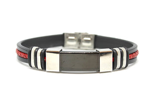 Bracciale Uomo in Silicone Nero e Corda intrecciata Rossa con Piastrina e Anelli Neri e Silver