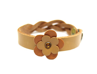 Pulsera Mediana de Mujer de Piel con Flor en Marrón Claro con Detalles en Marrón y Cristal