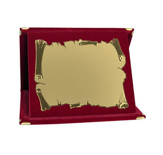 Targa in Alluminio color Oro a pergamena irregolare con Cofanetto di velluto Rosso 23x17