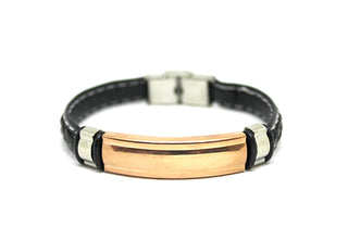 Pulsera para Hombre de Piel Trenzada Negra con Costuras Blancas con Placa de Oro Rosa y Anillas Laterales Negras y Plata