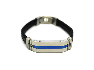 Bracciale Uomo in Ecopelle Nero con Piastrina con riga centrale Blu