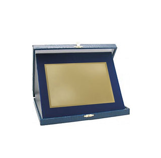 Targa in Alluminio color Oro semplice con bordo lucido con Cofanetto di cartone Blu 16x13