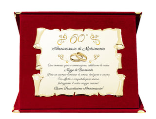 Targa Anniversario di Matrimonio | Elegante Regalo Sposi | Regalo nozze d'oro, diamante, rubino, smeraldo, platino, perla. Pergamena dorata e cofanetto velluto.