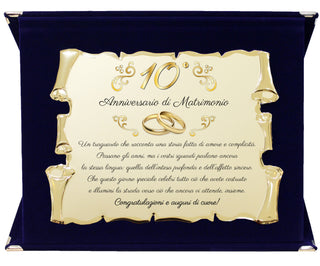 Targa Decimo Anniversario di Matrimonio | Elegante Regalo 10° Nozze di Stagno | Targhetta Pergamena dorata su cofanetto in velluto (Blu e Dorato, 10° Anniversario)