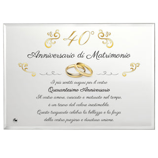 Targa Anniversario di Matrimonio | Regalo in Cristallo con supporto | Placca per nozze d'oro, rubino, diamante, argento, platino.