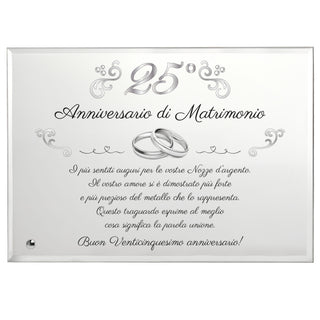 Targa Venticinquesimo Anniversario di Matrimonio | Regalo 25° Anniversario in Cristallo con supporto | Elegante Placca per nozze d'argento. (Argentato, 25 anni)