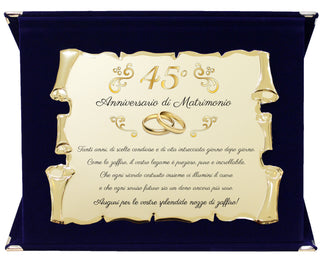 Targa Anniversario di Matrimonio | Elegante Regalo Sposi | Regalo nozze d'oro, diamante, rubino, smeraldo, platino, perla. Pergamena dorata e cofanetto velluto.