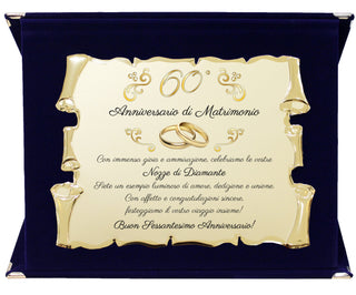 Targa Anniversario di Matrimonio | Elegante Regalo Sposi | Regalo nozze d'oro, diamante, rubino, smeraldo, platino, perla. Pergamena dorata e cofanetto velluto.