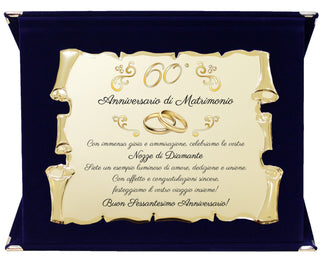 Targa Anniversario di Matrimonio | Elegante Regalo Nozze | Targhetta Pergamena dorata su cofanetto in velluto