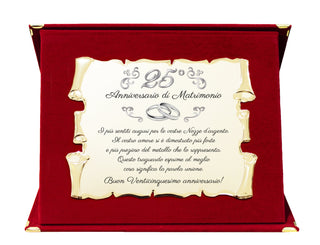 Targa Anniversario di Matrimonio | Elegante Regalo Sposi | Regalo nozze d'oro, diamante, rubino, smeraldo, platino, perla. Pergamena dorata e cofanetto velluto.
