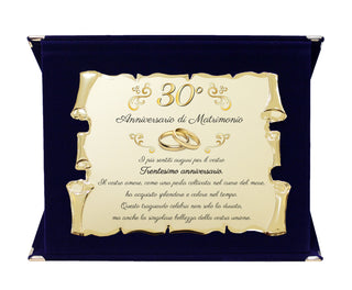 Targa Anniversario di Matrimonio | Elegante Regalo Sposi | Regalo nozze d'oro, diamante, rubino, smeraldo, platino, perla. Pergamena dorata e cofanetto velluto.