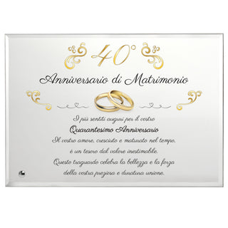 Targa Quarantesimo Anniversario di Matrimonio | Regalo 40° Anniversario in Cristallo con supporto | Elegante Placca per nozze di smeraldo. (Dorato, 40 anni)