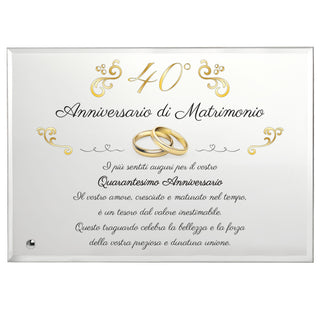 Targa Anniversario di Matrimonio | Regalo in Cristallo con supporto | Placca per nozze d'oro, rubino, diamante, argento, platino.