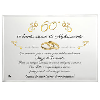 Regalo 60° Anniversario | Grande Targa nozze di Diamante | Elegante Targa in Cristallo per Sessant'anni di Matrimonio | Omaggio Sposi in Cristallo 22x17cm (Dorato, 60 anni)