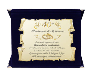 Targa Anniversario di Matrimonio | Elegante Regalo Sposi | Regalo nozze d'oro, diamante, rubino, smeraldo, platino, perla. Pergamena dorata e cofanetto velluto.