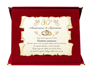 Targa Anniversario di Matrimonio | Elegante Regalo Sposi | Regalo nozze d'oro, diamante, rubino, smeraldo, platino, perla. Pergamena dorata e cofanetto velluto.
