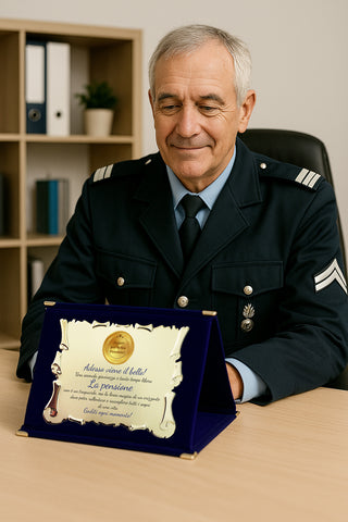 Targa Pensione | Targhetta Regalo per Pensionato | Congratulazioni per Pensione Pergamena Dorata con Cofanetto in velluto