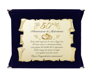 Targa Anniversario di Matrimonio | Elegante Regalo Sposi | Regalo nozze d'oro, diamante, rubino, smeraldo, platino, perla. Pergamena dorata e cofanetto velluto.