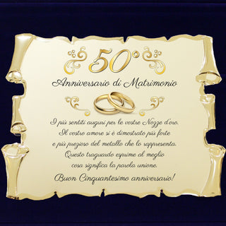Targa Anniversario di Matrimonio | Elegante Regalo Sposi | Regalo nozze d'oro, diamante, rubino, smeraldo, platino, perla. Pergamena dorata e cofanetto velluto.