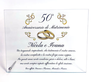 Targa Cristallo Anniversario di Matrimonio | Regalo per nozze d'oro, argento, rubino, smeraldo perla e diamante | Personalizza Nomi e dedica