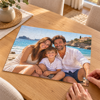 Puzzle con foto di famiglia, ambientato su tavolo in legno chiaro