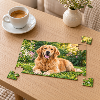Puzzle personalizzato A6 ambientato su tavolo in legno chiaro