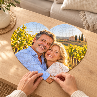 Puzzle personalizzato a cuore A3 ambientato su tavolo in legno chiaro