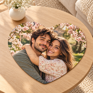 Puzzle personalizzato a cuore A4 ambientato su tavolo in legno chiaro