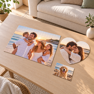 Puzzle personalizzati con foto in diversi formati rettangolari e a cuore, ambientati insieme