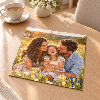 Puzzle con foto 28 × 28 cm – 49 tasselli grandi ambientato su tavolo in legno chiaro